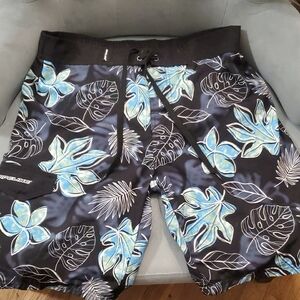 Men's LG Black Swim Board Shorts with Blue Tropical Leaf Print
